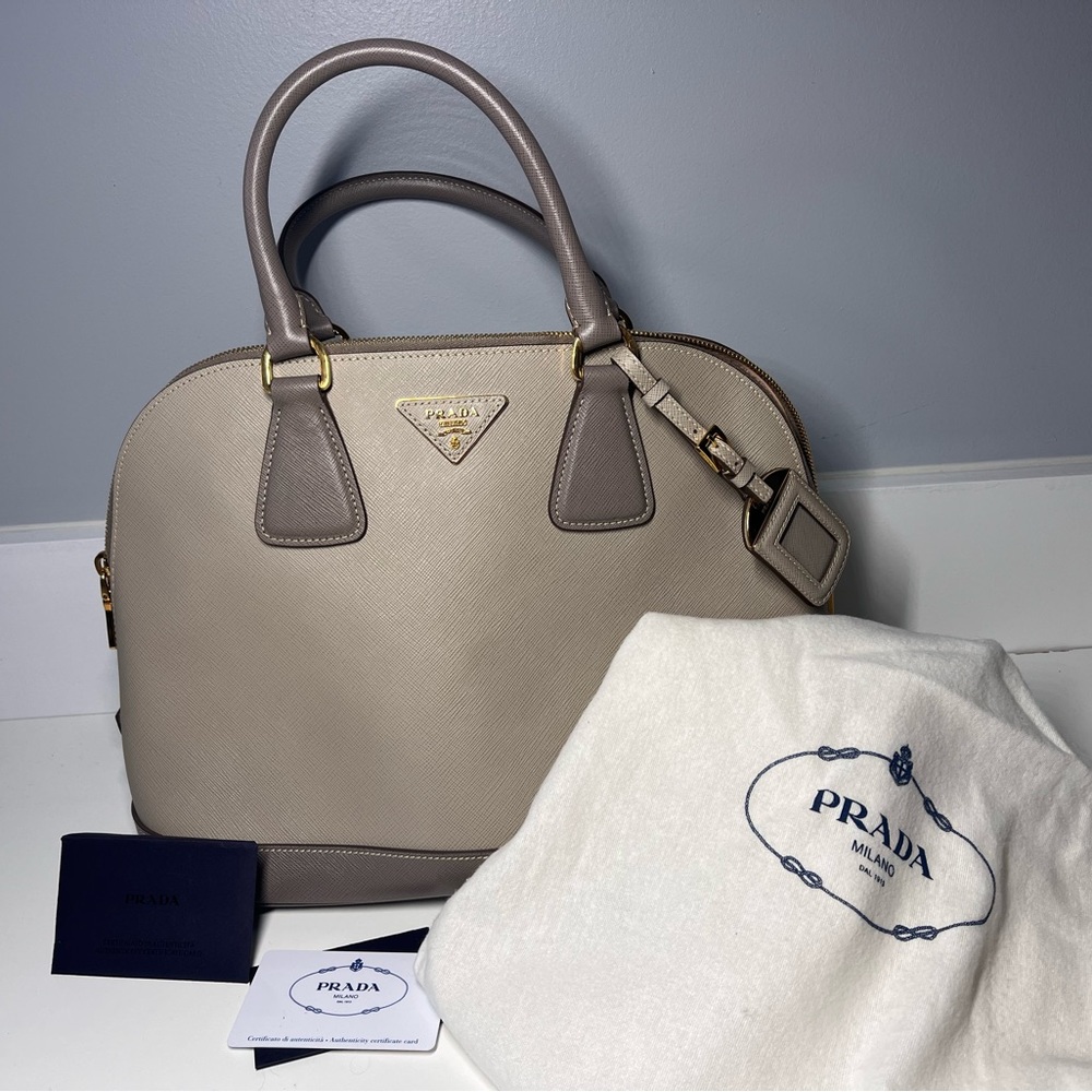 Prada Saffiano Lux Bi-Color Promenade Dome Tote Pomice Argilla